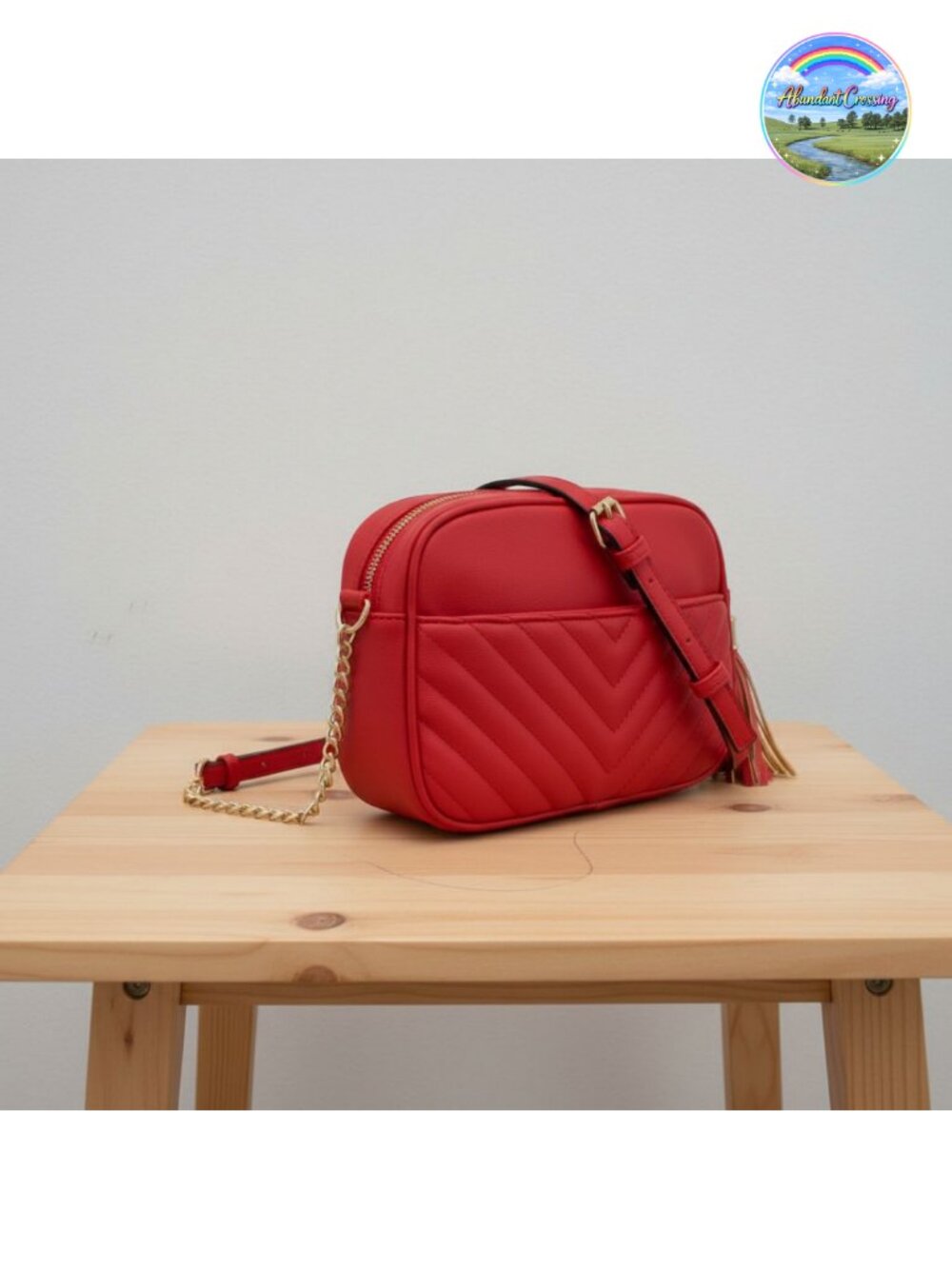 Chevron Quilted Crossbody Camera Bag with Chain Strap & Tassel
